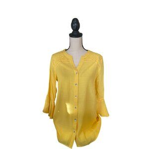 Kim Rogers Womens Blouse Medium Yellow Button-Down Bell Sleeves Lace Trim Retro